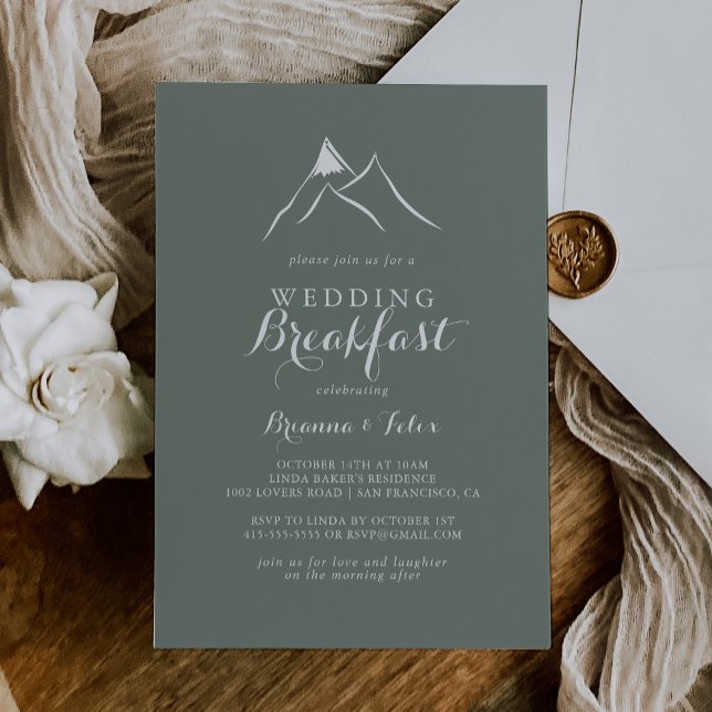 Green White Silhouette Mountain Wedding Breakfast Invitation (Creator Uploaded)