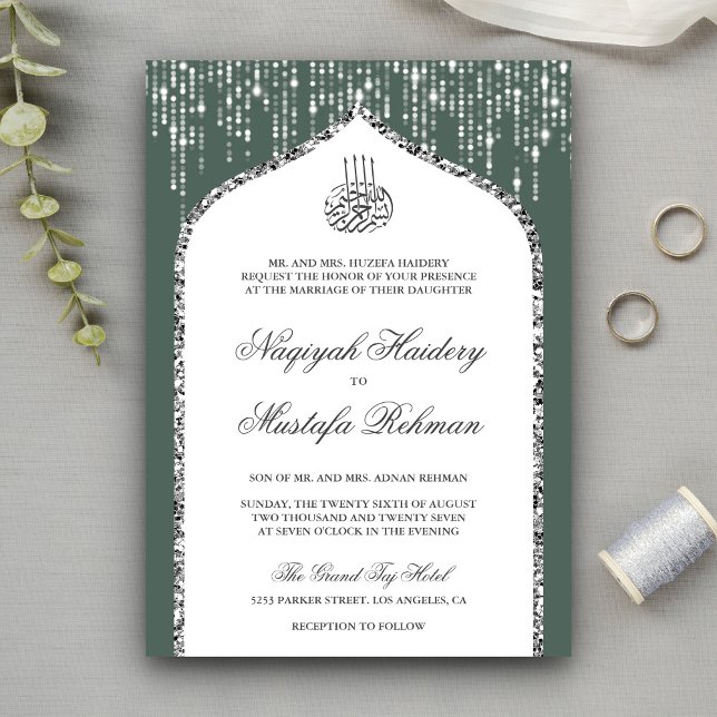 Green White Silver Glitter Arch Muslim Wedding Invitation (Creator Uploaded)