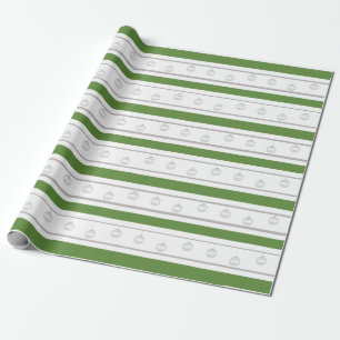 Green, white, silver stripe with ornaments wrapping paper