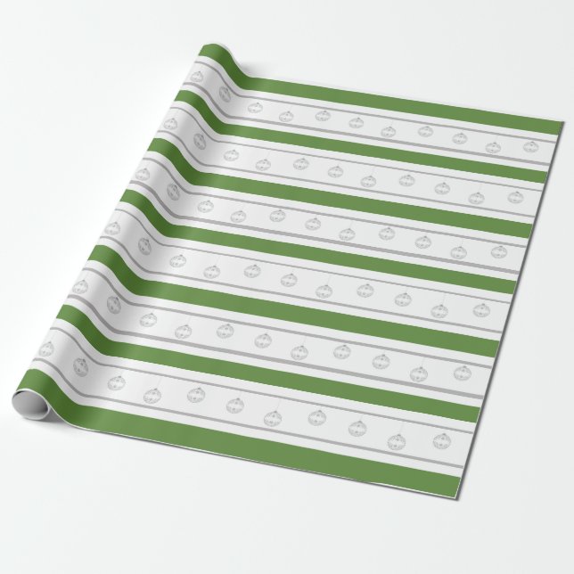 Green, white, silver stripe with ornaments wrapping paper (Unrolled)