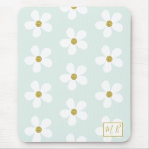 Green White Simple Daisy Gold Monogram Mouse Pad