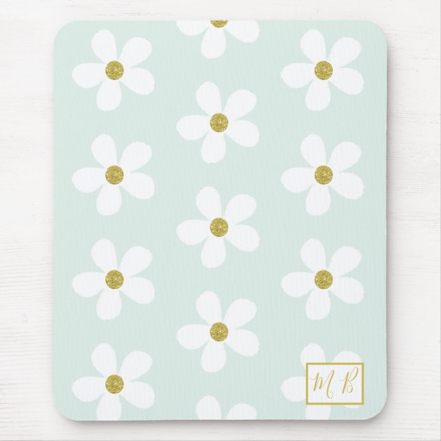Green White Simple Daisy Gold Monogram Mouse Pad (Front)