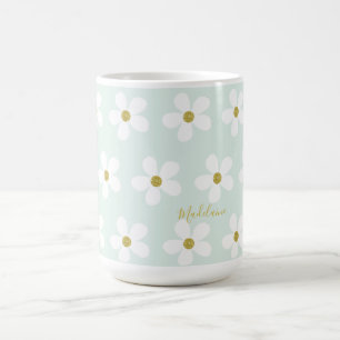 Green White Simple Daisy Gold Personal Coffee Mug
