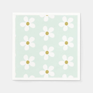 Green White Simple Daisy Pattern Gold Napkin