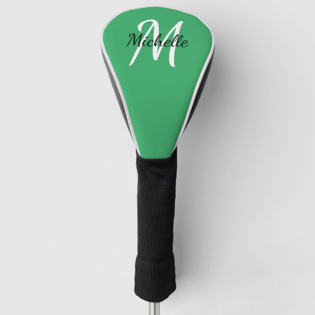 Green & White Simple Monogram Classic Trendy Golf  Head Cover (Front)