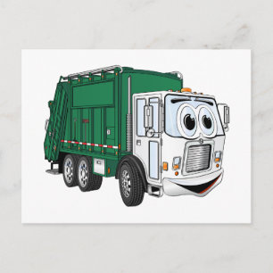 Green White Smiling Garbage Truck Cartoon Postcard