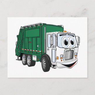 Green White Smiling Garbage Truck Cartoon Postcard