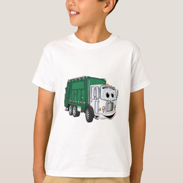 Green White Smiling Garbage Truck Cartoon T-Shirt (Front)