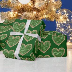 Green White Snowflake Gold Glitter Heart Holiday Wrapping Paper