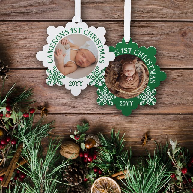 Green White Snowflakes Baby's 1st Christmas Tree Decoration Card (Creator Uploaded)