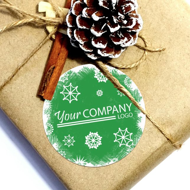Green, White Snowflakes Logo Company Sticker (green logo company holiday gift tags)