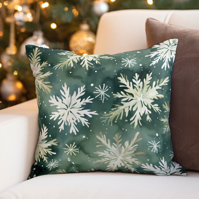 Green White Snowflakes Winter Christmas Holiday Cushion (Green and white snowflakes Christmas/holiday decorator pillow)