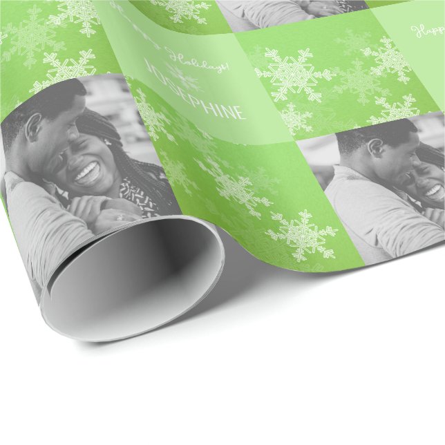 Green White Snowlfake Minimalist Photo Christmas  Wrapping Paper (Roll Corner)