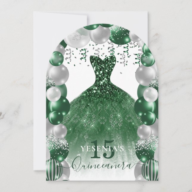 Green White Sparkle Dress Quinceañera Balloon Invitation (Front)