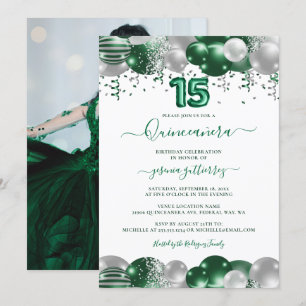 Green White Sparkle Photo Quinceañera Balloon Invitation