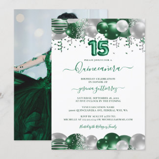 Green White Sparkle Photo Quinceañera Balloon Invitation