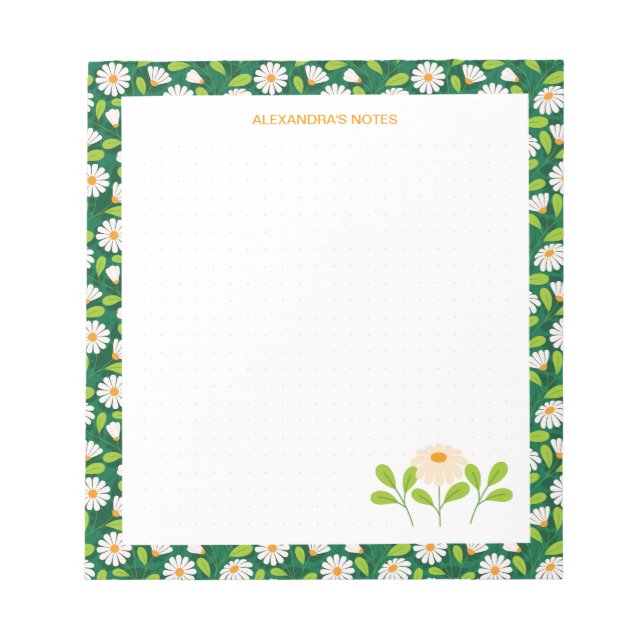 Green & White Spring Daisies & Vine Personalised Notepad (Front)