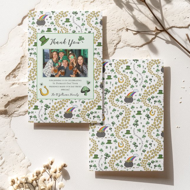 Green & White St Patricks Irish Thank You Card (Pattern of gold coins, pots of gold, rainbows, horseshoes, green clovers, hearts, leprechaun hats.)