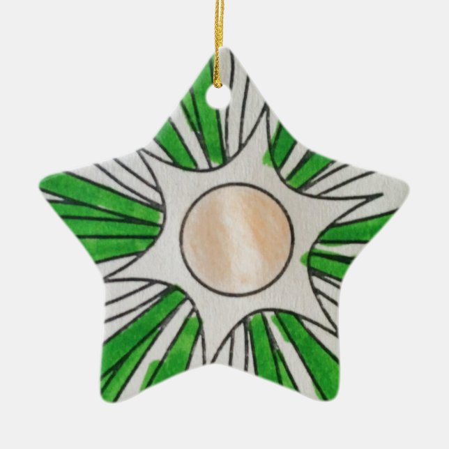 Green White Star Drawing, Art by Kids :) Ceramic Ornament (Front)