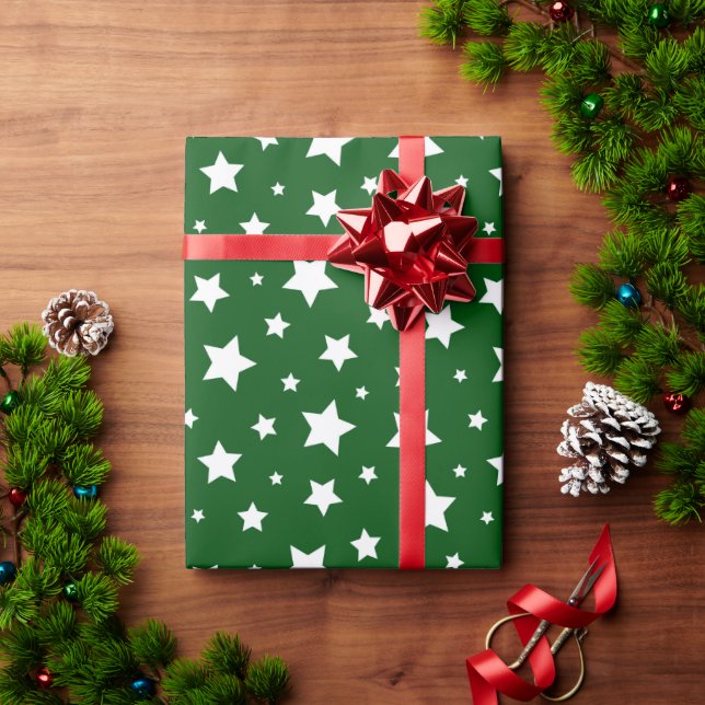 Green White Stars Christmas Wrapping Paper (Holiday Gift)