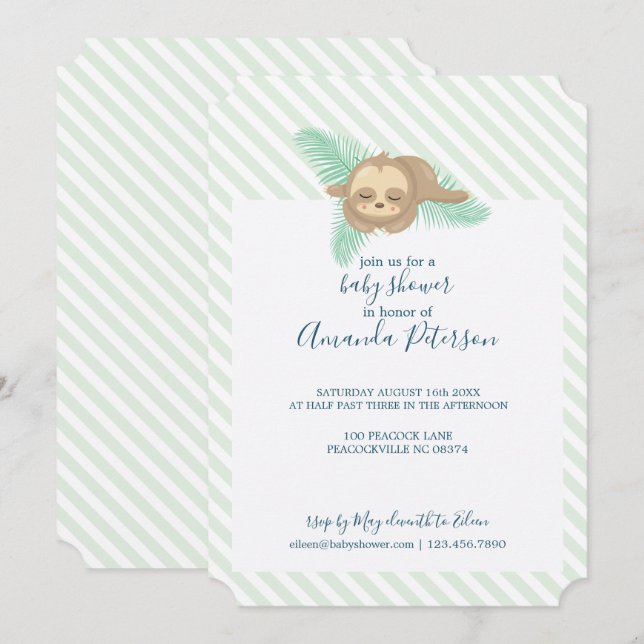 Green & White Stripe Baby Sloth Baby Shower Invitation (Front/Back)