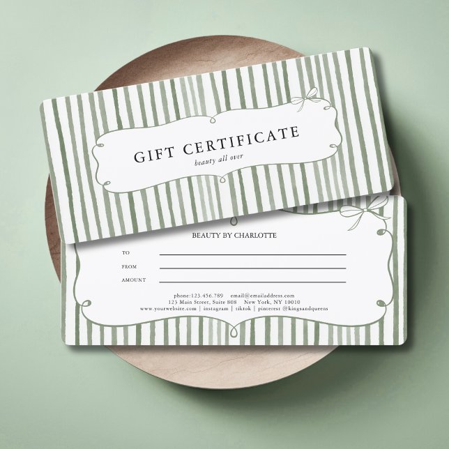 Green White Stripe Vintage Bow Gift Certificate (Green White Stripe Vintage Bow Gift Certificate)