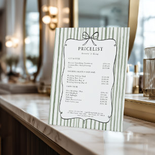 Green White Stripe Vintage Bow Price List Pedestal Sign