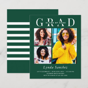 Green White Striped Three Photo Graduation Invitat