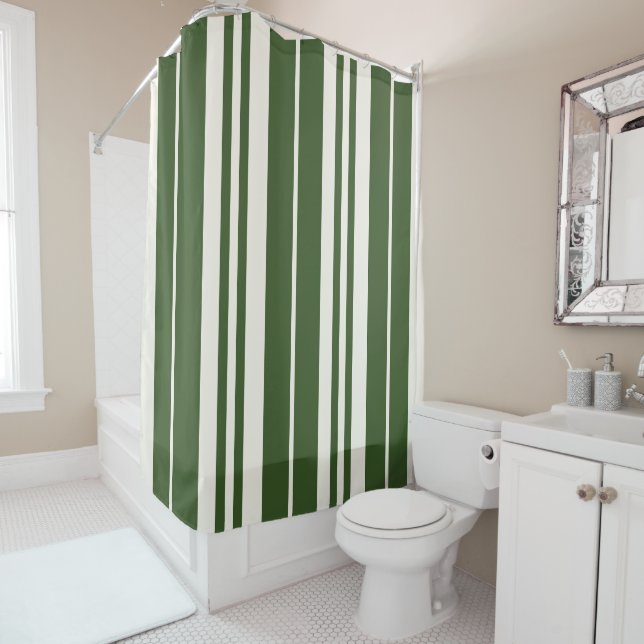 Green White Stripes Coastal Seaside Shower Curtain (In Situ)