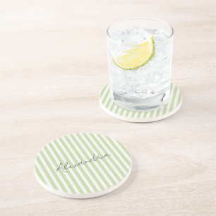 Green White Stripes Name Coaster