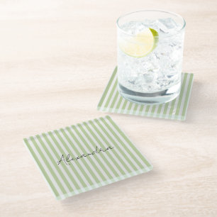 Green White Stripes Name Glass Coaster