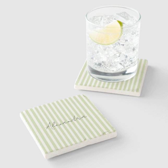 Green White Stripes Name Stone Coaster (Side)