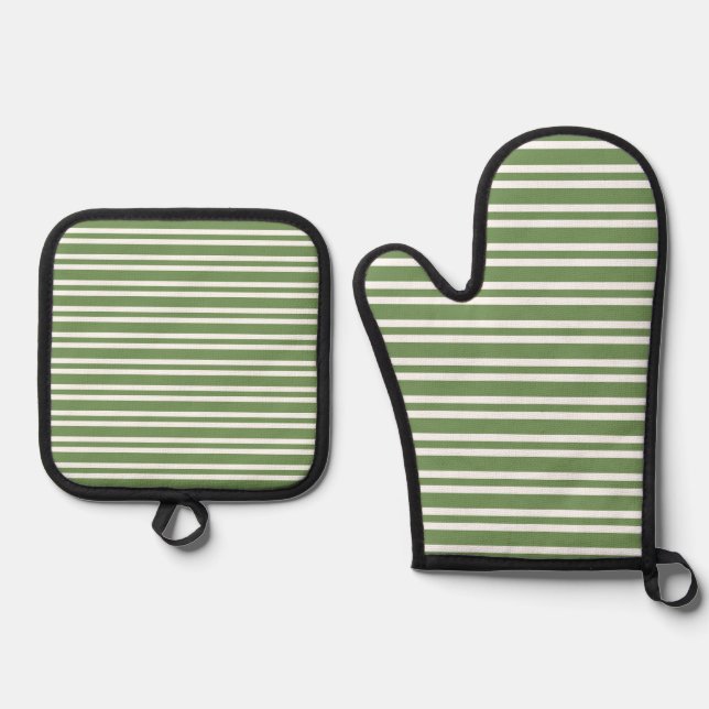 Green White Stripes Pattern Oven Mitt & Pot Holder Set (Front)