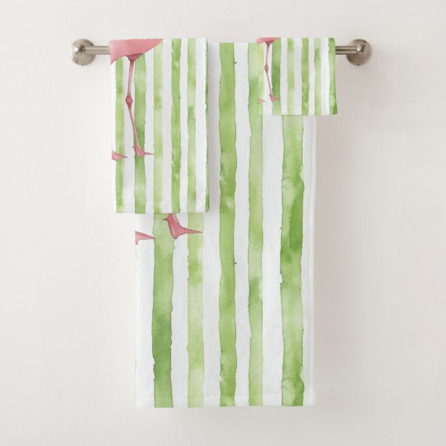 Green White Stripes Pink Flamingo Beach Birthday Bath Towel Set (Insitu)