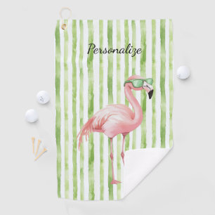 Green White Stripes Pink Flamingo Beach Birthday Golf Towel