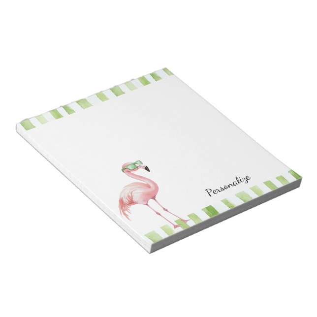 Green White Stripes Pink Flamingo Beach Birthday Notepad (Angled)