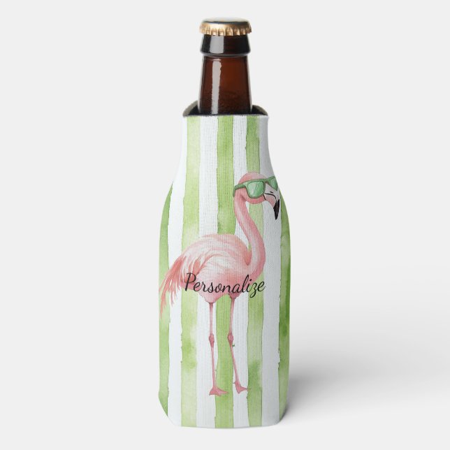 Green White Stripes Pink Flamingo Beach   Bottle Cooler (Bottle Front)