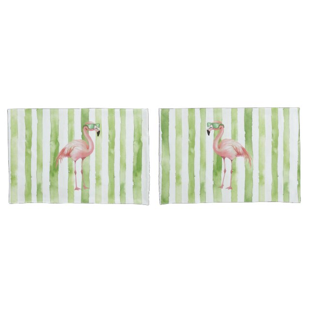 Green White Stripes Pink Flamingo Beach  Pillowcase (Front-Set)