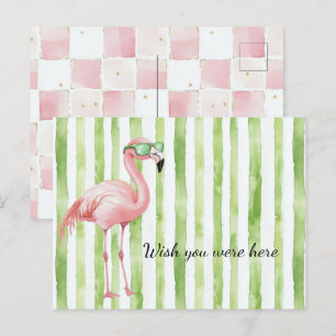 Green White Stripes Pink Flamingo Beach   Postcard