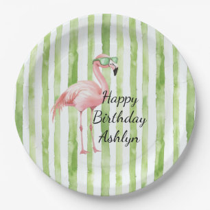 Green White Stripes Pink Flamingo Birthday Paper Plate