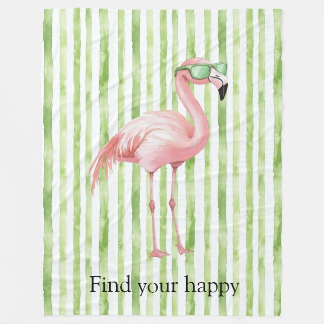 Green White Stripes Pink Flamingo Fleece Blanket (Front)