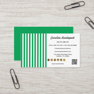 Green White Stripes & QR Code & Social Media Icons Business Card