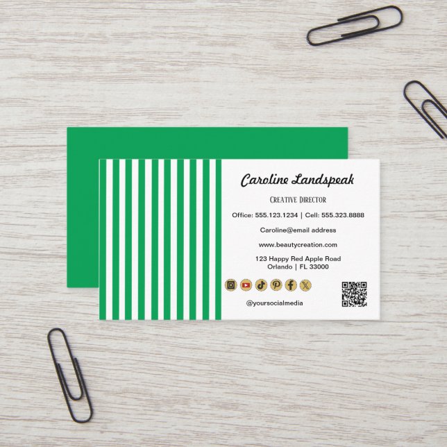 Green White Stripes & QR Code & Social Media Icons Business Card (Front/Back In Situ)