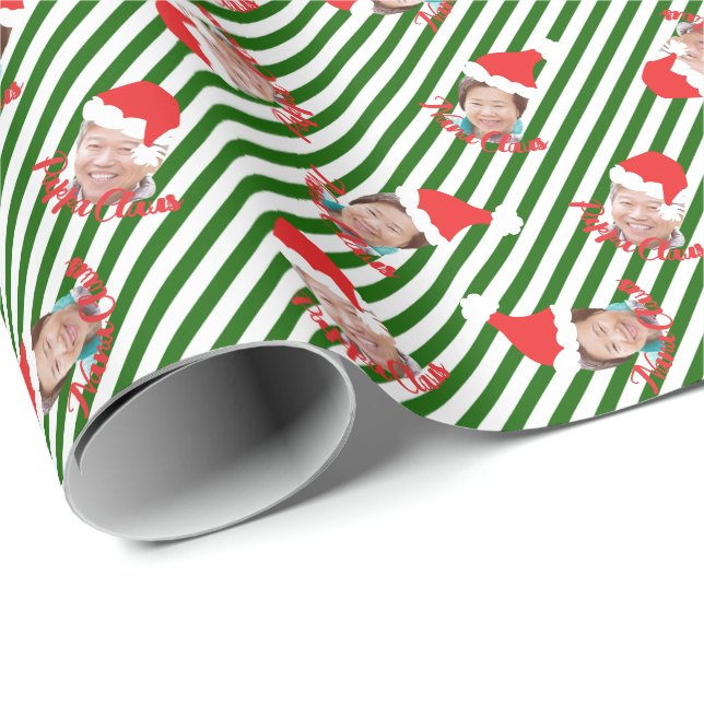 Green & White Stripes Santa Hats Custom Photo Wrap Wrapping Paper (Roll Corner)