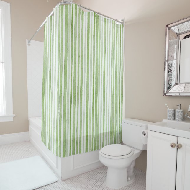Green White Stripes Shower Curtain (In Situ)