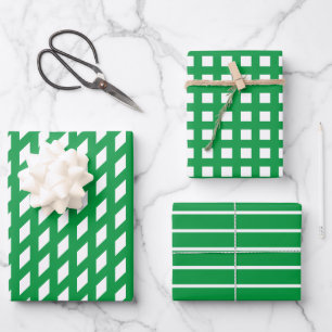 Green white stripes squared grid pattern Christmas Wrapping Paper Sheet