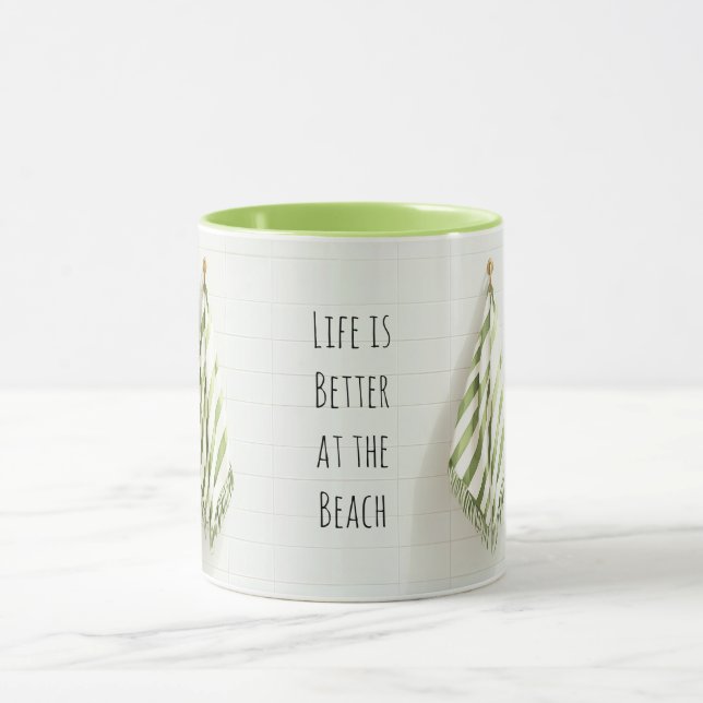 Green White Stripes Towels Beach Mug (Center)