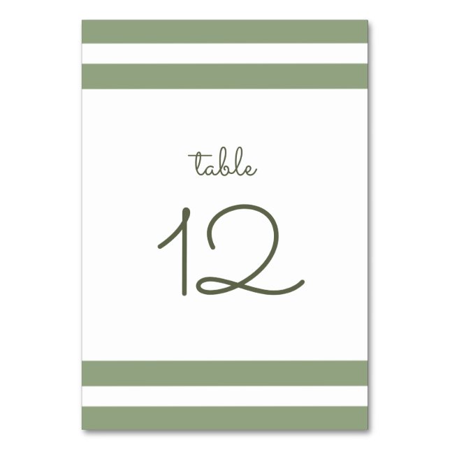Green | White Stripes Wedding Table Number Card (Front)