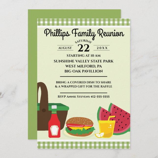 Green & White Tablecloth Picnic Family Reunion Invitation (Front/Back)