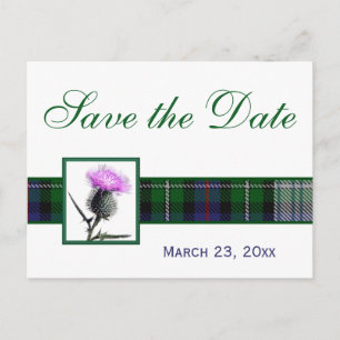 Green, White Tartan Thistle Save the Date Postcard
